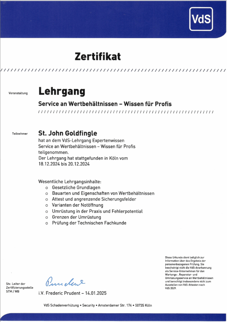 Zertifikat VDS Service an Wertbehältnissen